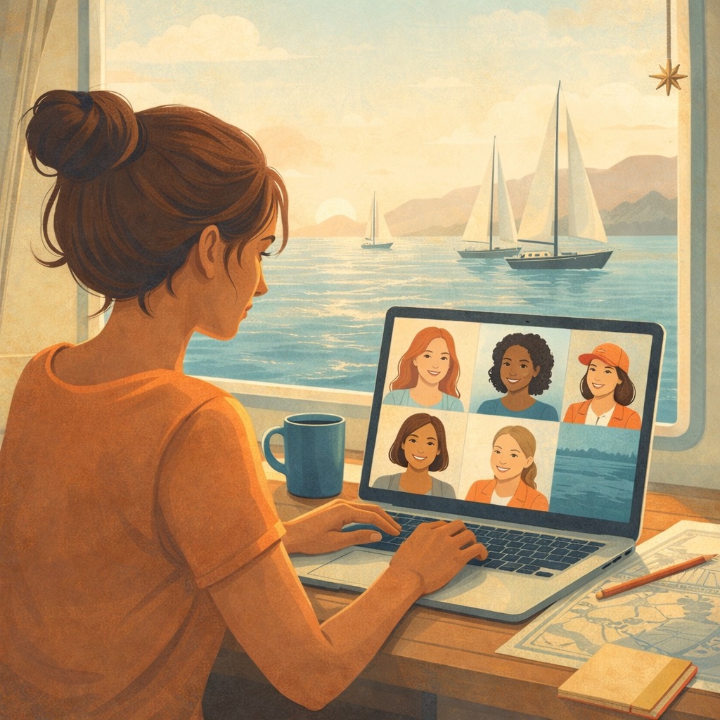 Illustration: eine Seglerin am Laptop, im Hintergrund Wasser und Boote